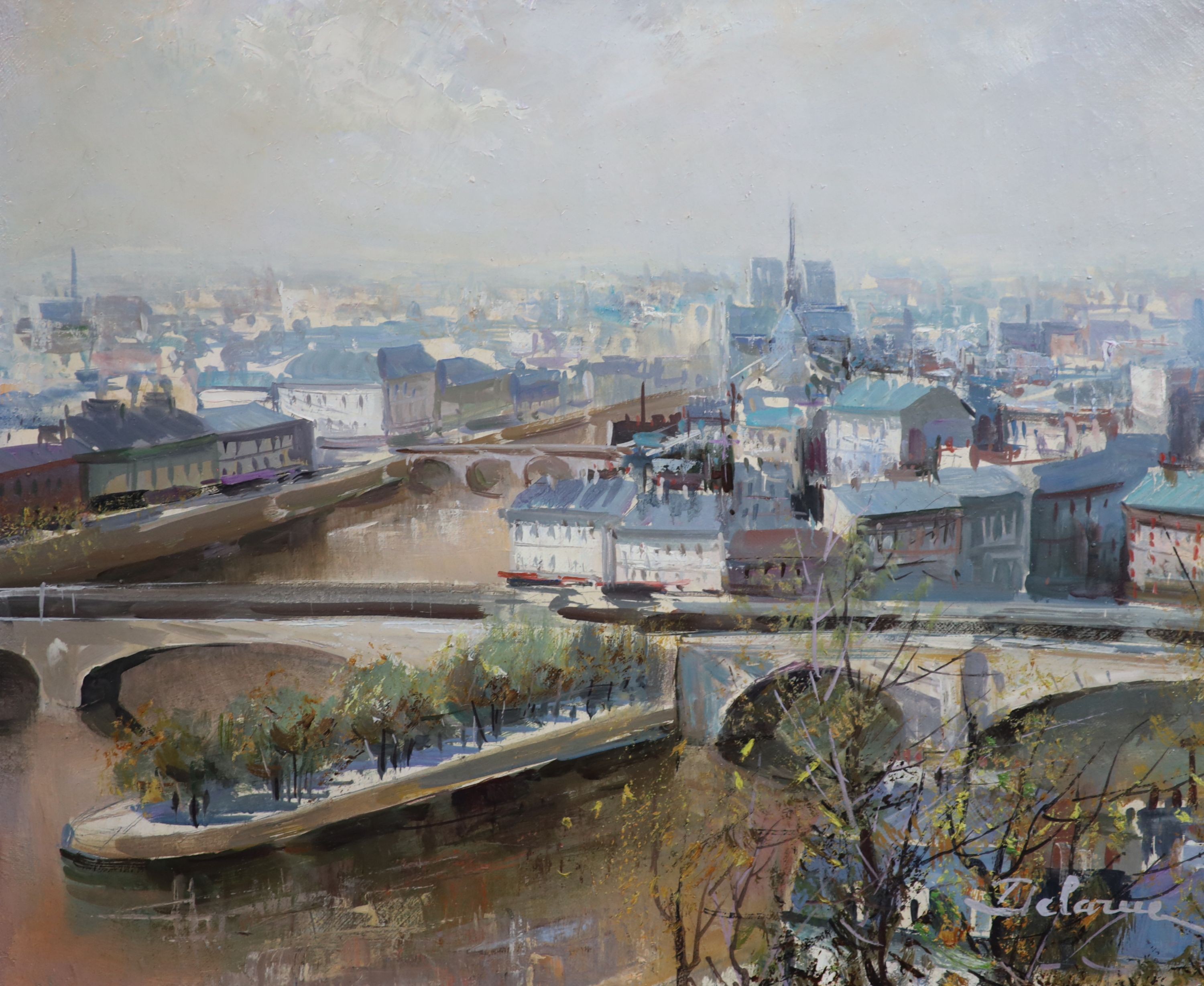 Lucien Delarue (b.1925), Dawn over Paris, oil on canvas, 44 x 54cm